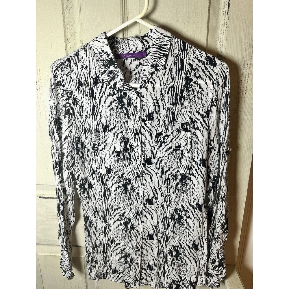 LA Mode Women’s Black And White Abstract Button Up Shirt Sz S